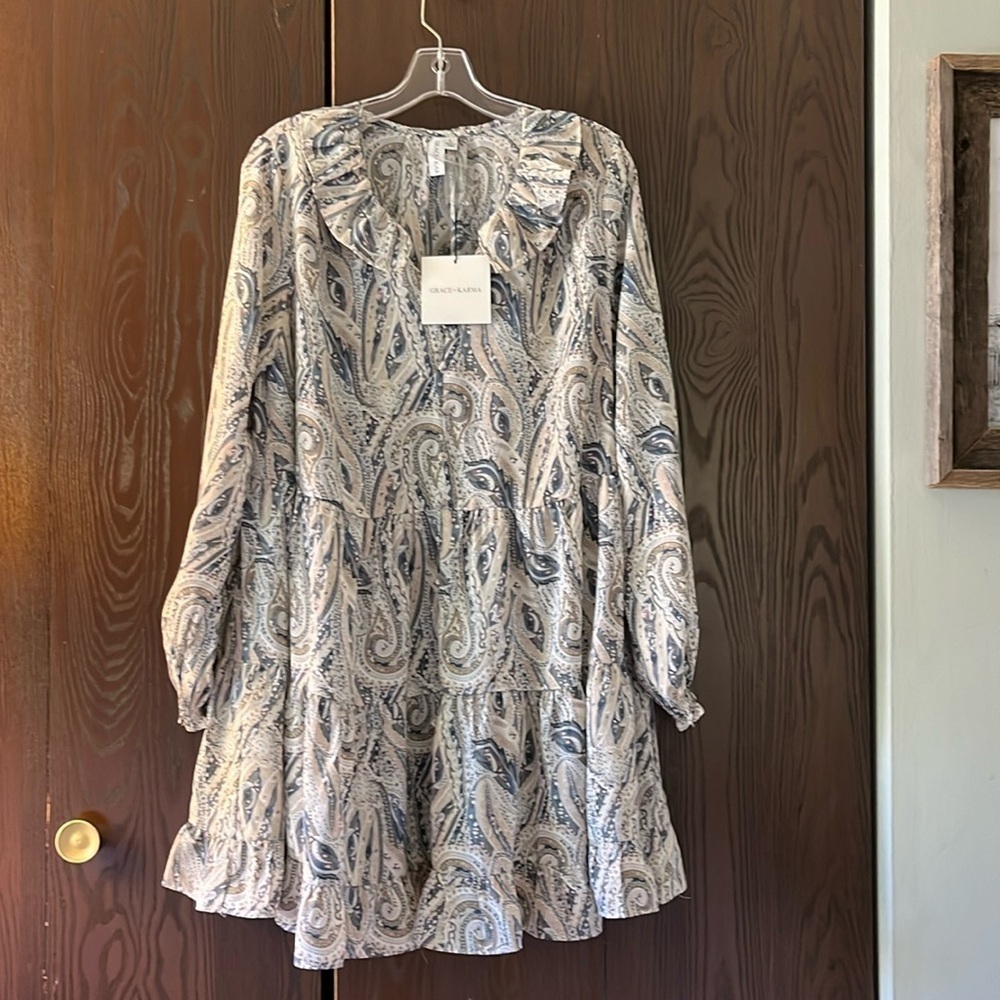 Grace & Keaton Long Sleeve Paisley Tiered Dress in Cream & Blue